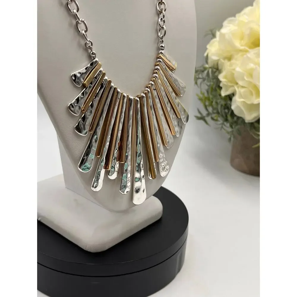 Natasha Signed Mixed Metal‎ Color Fringe Waterfall Spike Bib Statement Necklace